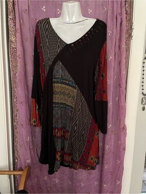 Parsley & Sage Black Tunic with Red & Multicolor Patchwork